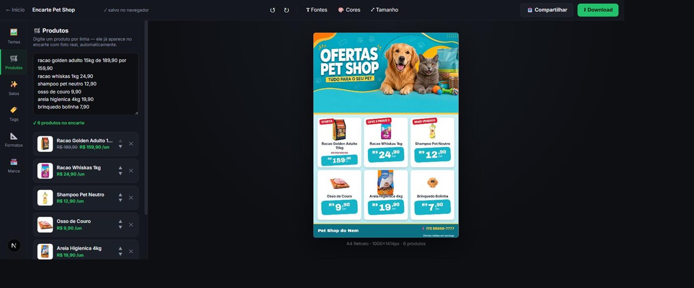 Editor do SensorMercado: painel de produtos à esquerda e encarte de pet shop montado no centro, com fotos reais e etiquetas de preço